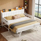 Cama nido doble con cama extraíble, sofá cama tapizado con luz LED, estación de carga y cabecero con almacenamiento, listones de metal de alta resistencia
