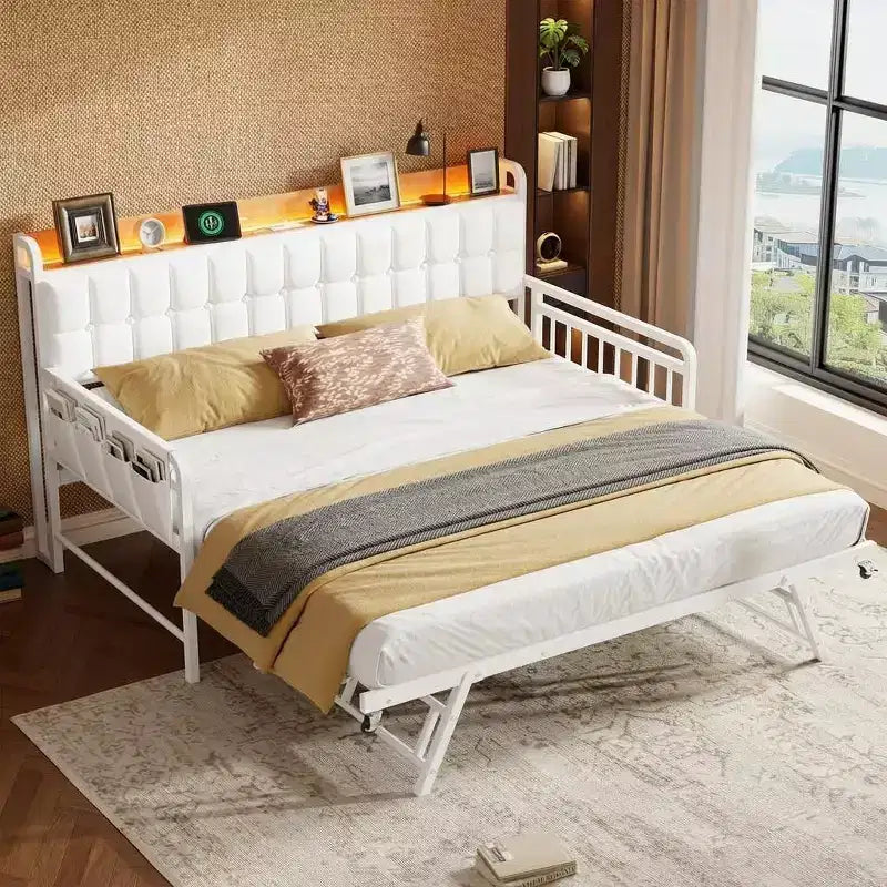 Cama nido doble con cama extraíble, sofá cama tapizado con luz LED, estación de carga y cabecero con almacenamiento, listones de metal de alta resistencia