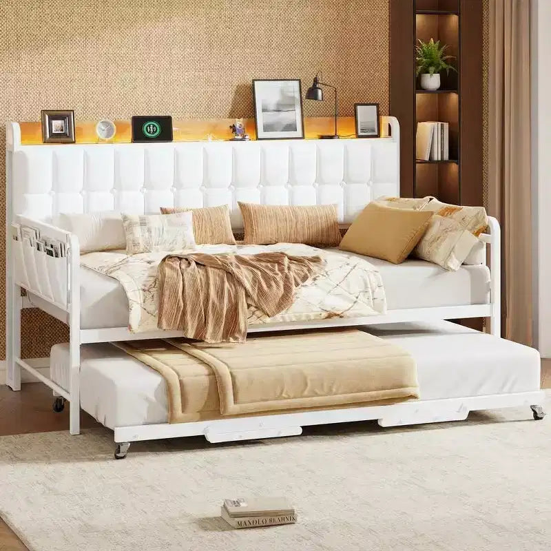 Cama nido doble con cama extraíble, sofá cama tapizado con luz LED, estación de carga y cabecero con almacenamiento, listones de metal de alta resistencia