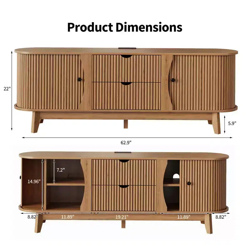Mueble de TV Moderno de Mediados de Siglo de 63 pulgadas con Tomacorriente - Centro de Entretenimiento de Nogal con 2 Cajones y Estantes Ajustables