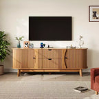 Mueble de TV Moderno de Mediados de Siglo de 63 pulgadas con Tomacorriente - Centro de Entretenimiento de Nogal con 2 Cajones y Estantes Ajustables