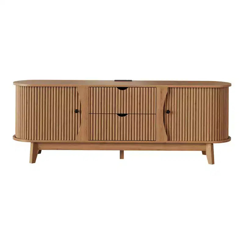 Mueble de TV Moderno de Mediados de Siglo de 63 pulgadas con Tomacorriente - Centro de Entretenimiento de Nogal con 2 Cajones y Estantes Ajustables