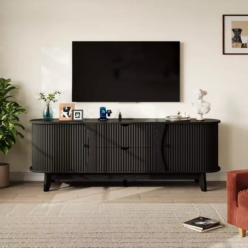 Mueble de TV Moderno de Mediados de Siglo de 63 pulgadas con Tomacorriente - Centro de Entretenimiento de Nogal con 2 Cajones y Estantes Ajustables
