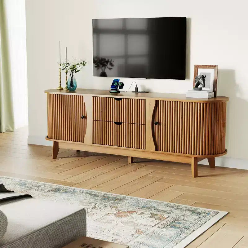 Mueble de TV Moderno de Mediados de Siglo de 63 pulgadas con Tomacorriente - Centro de Entretenimiento de Nogal con 2 Cajones y Estantes Ajustables