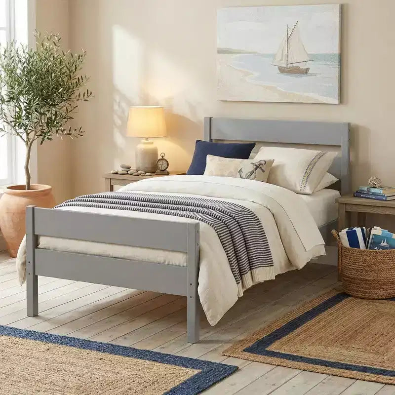 Base de cama individual con cabecero de listones horizontales, sin necesidad de somier, cama de madera para dormitorio infantil