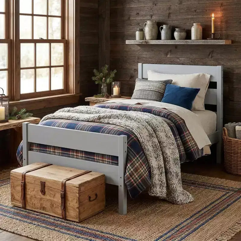 Base de cama individual con cabecero de listones horizontales, sin necesidad de somier, cama de madera para dormitorio infantil