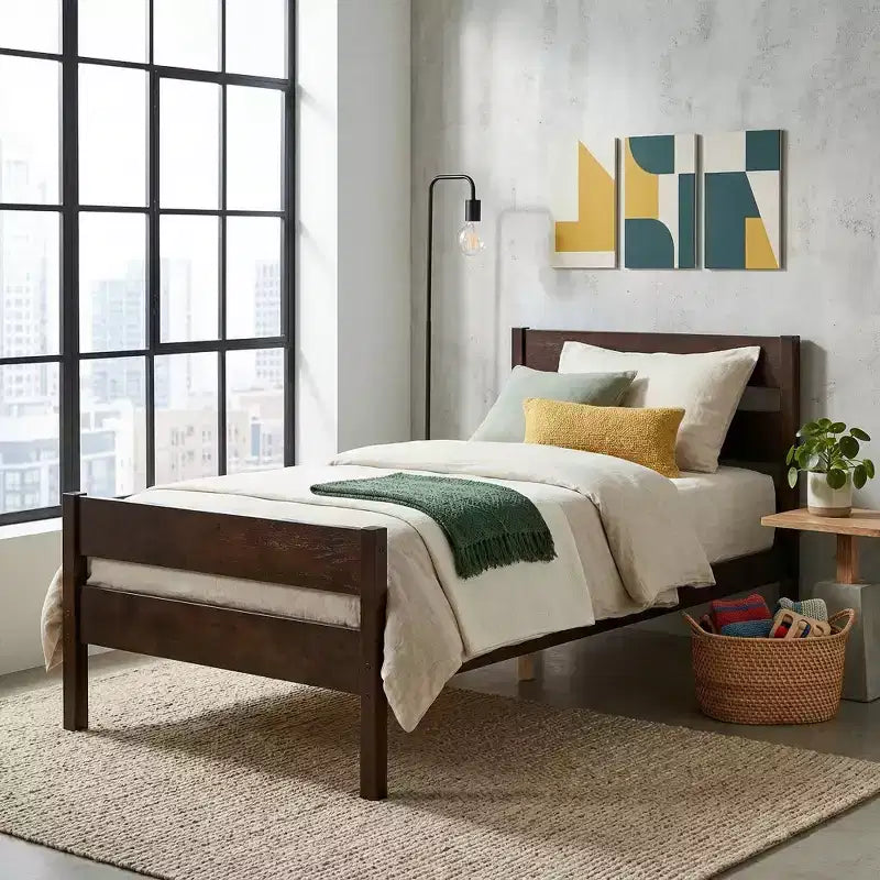 Base de cama individual con cabecero de listones horizontales, sin necesidad de somier, cama de madera para dormitorio infantil