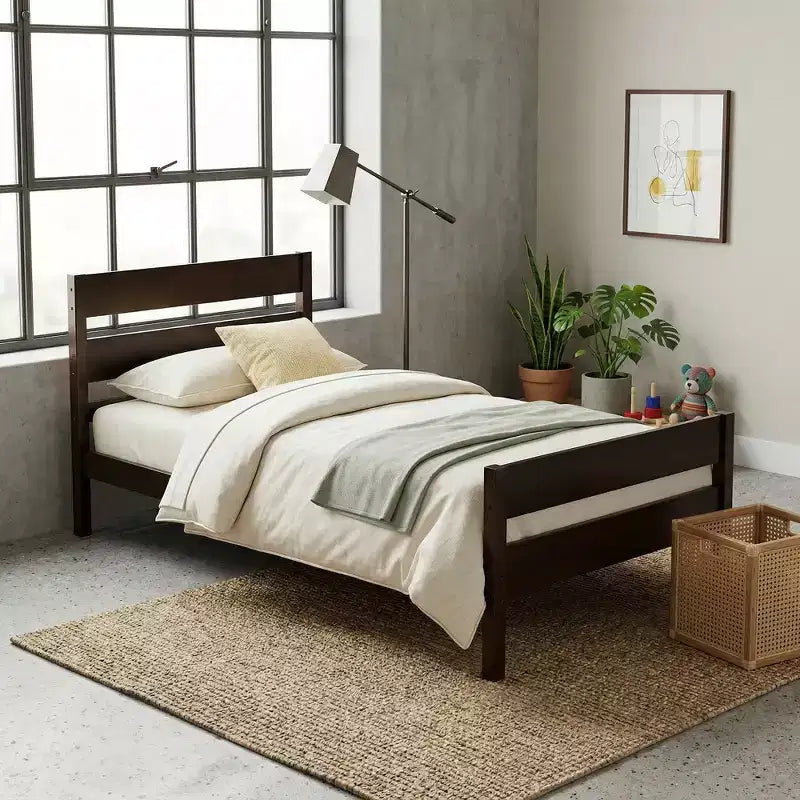 Base de cama individual con cabecero de listones horizontales, sin necesidad de somier, cama de madera para dormitorio infantil
