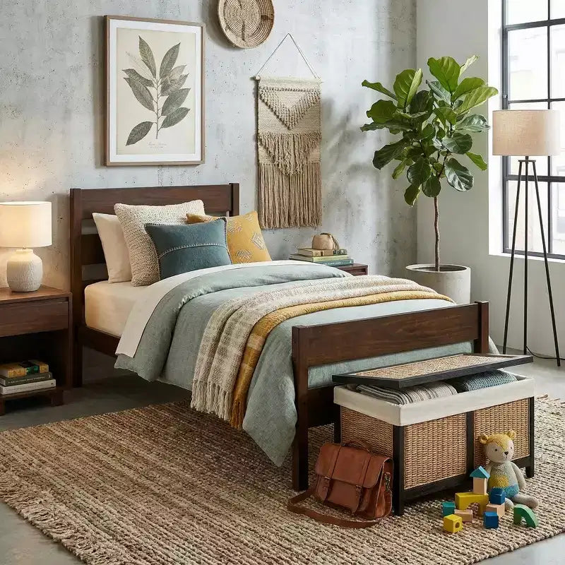 Base de cama individual con cabecero de listones horizontales, sin necesidad de somier, cama de madera para dormitorio infantil