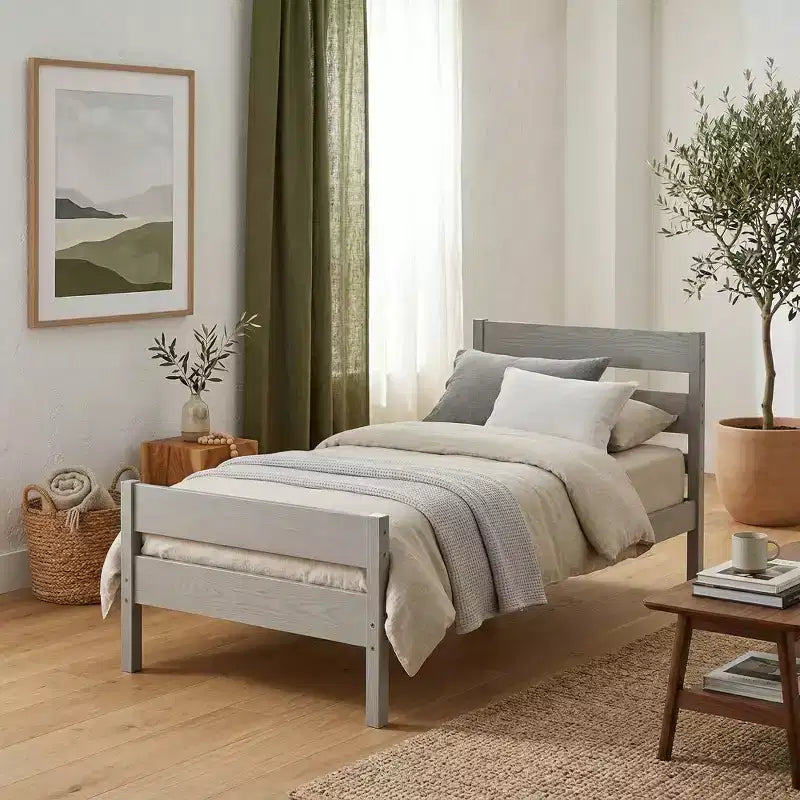 Base de cama individual con cabecero de listones horizontales, sin necesidad de somier, cama de madera para dormitorio infantil