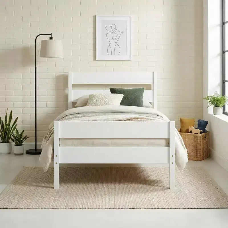 Base de cama individual con cabecero de listones horizontales, sin necesidad de somier, cama de madera para dormitorio infantil