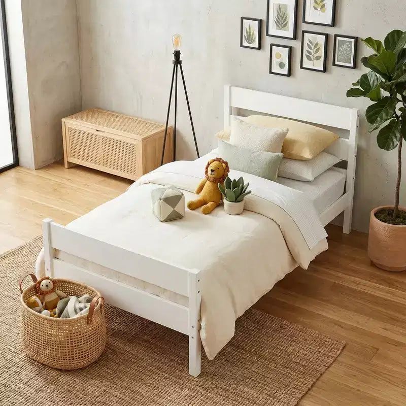 Base de cama individual con cabecero de listones horizontales, sin necesidad de somier, cama de madera para dormitorio infantil