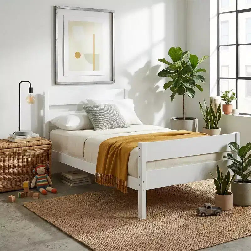 Base de cama individual con cabecero de listones horizontales, sin necesidad de somier, cama de madera para dormitorio infantil