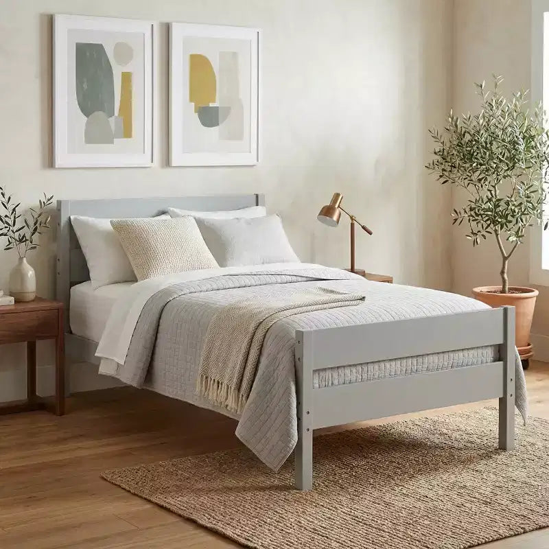 Base de cama individual con cabecero de listones horizontales, sin necesidad de somier, cama de madera para dormitorio infantil