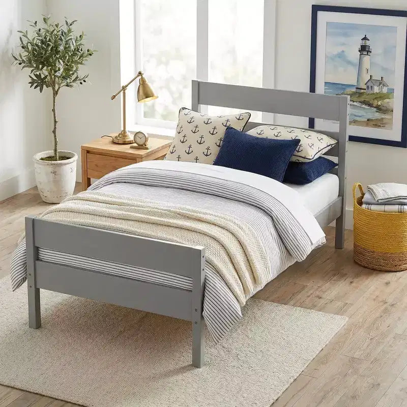 Base de cama individual con cabecero de listones horizontales, sin necesidad de somier, cama de madera para dormitorio infantil