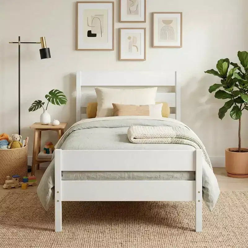 Base de cama individual con cabecero de listones horizontales, sin necesidad de somier, cama de madera para dormitorio infantil
