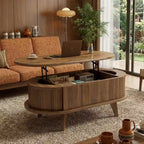 Mesa de centro elevable acanalada con compartimento oculto, mesa central de madera, mesa elevable ovalada moderna para el hogar, sala de estar, oficina, Nogal