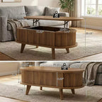 Mesa de centro elevable acanalada con compartimento oculto, mesa central de madera, mesa elevable ovalada moderna para el hogar, sala de estar, oficina, Nogal