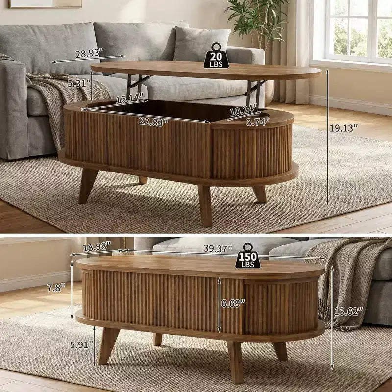 Mesa de centro elevable acanalada con compartimento oculto, mesa central de madera, mesa elevable ovalada moderna para el hogar, sala de estar, oficina, Nogal