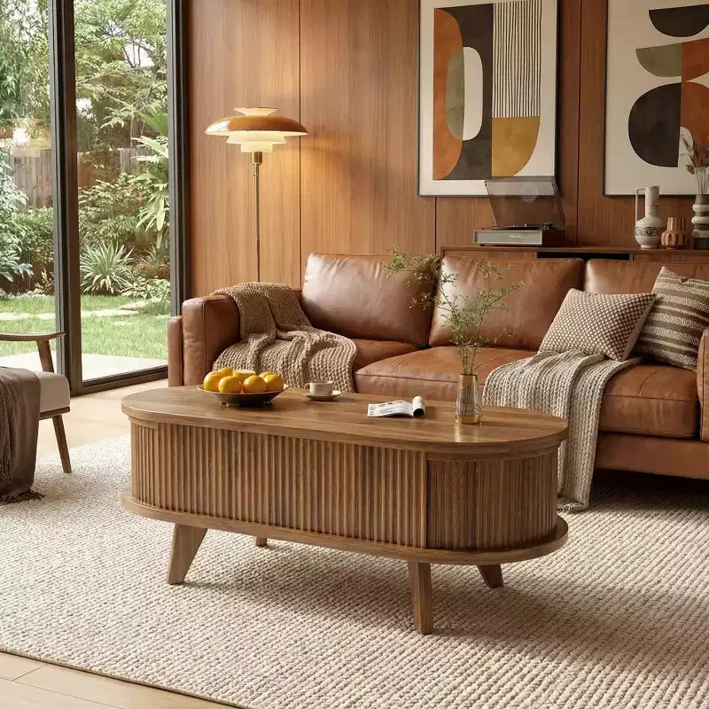 Mesa de centro elevable acanalada con compartimento oculto, mesa central de madera, mesa elevable ovalada moderna para el hogar, sala de estar, oficina, Nogal