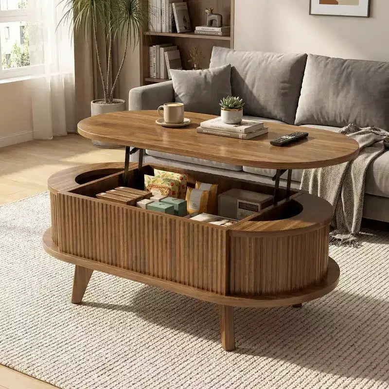 Mesa de centro elevable acanalada con compartimento oculto, mesa central de madera, mesa elevable ovalada moderna para el hogar, sala de estar, oficina, Nogal