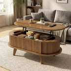 Mesa de centro elevable acanalada con compartimento oculto, mesa central de madera, mesa elevable ovalada moderna para el hogar, sala de estar, oficina, Nogal