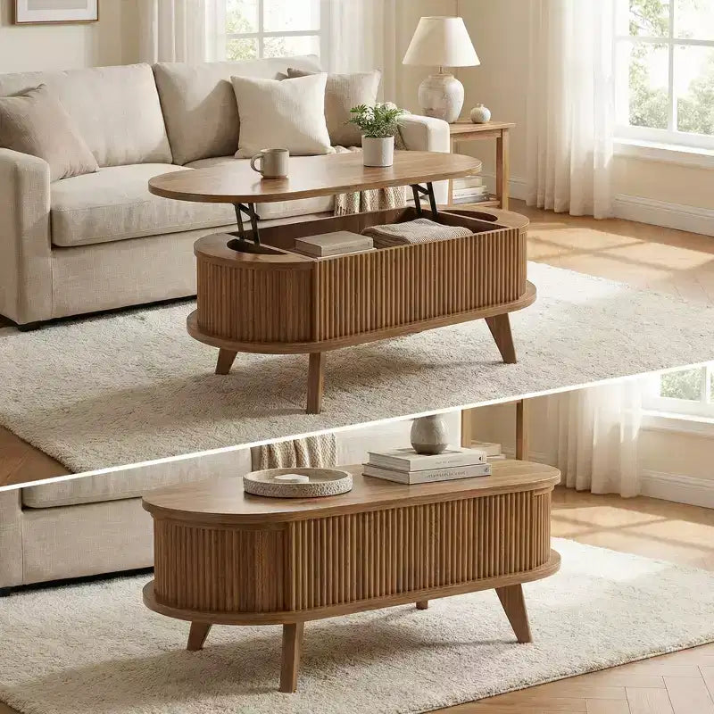 Mesa de centro elevable acanalada con compartimento oculto, mesa central de madera, mesa elevable ovalada moderna para el hogar, sala de estar, oficina, Nogal