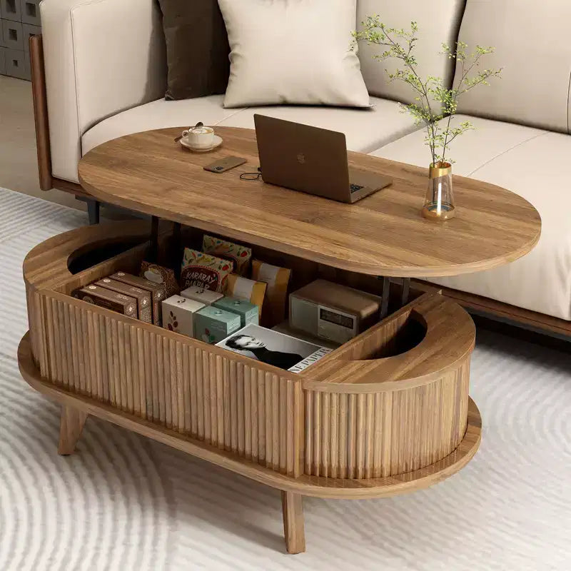Mesa de centro elevable acanalada con compartimento oculto, mesa central de madera, mesa elevable ovalada moderna para el hogar, sala de estar, oficina, Nogal
