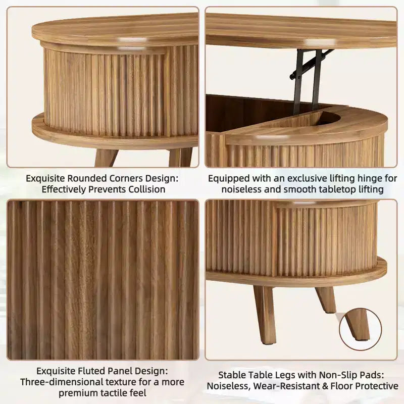 Mesa de centro elevable acanalada con compartimento oculto, mesa central de madera, mesa elevable ovalada moderna para el hogar, sala de estar, oficina, Nogal